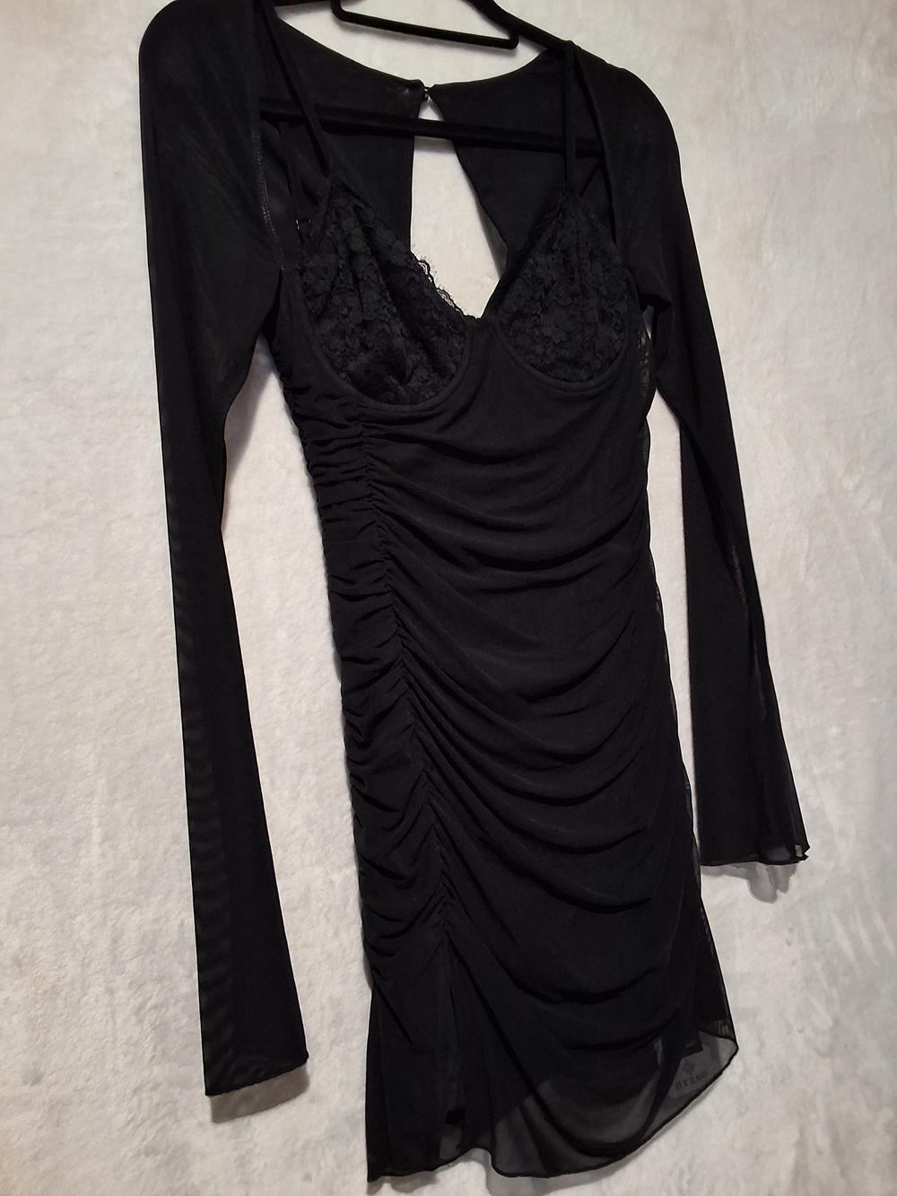 Women’s Long Sleeve Black, Ruched, Lace & Mesh Dress - Picture 3 of 12
